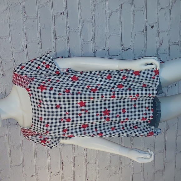 Blue Gingham w Red Stars Top by Lane Bryant Flutter Sleeve Tee 22 24 3X - Picture 2 of 6